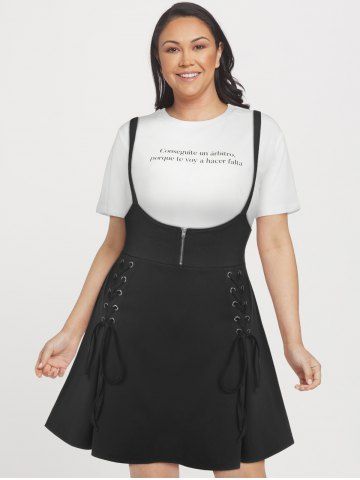 Plus Size & Curve Lace Up Mini Suspender Skirt - BLACK - 1X
