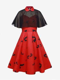 Plus Size & Curve Vintage Bat Print 1950s Dress With Capelet - RED - XL
