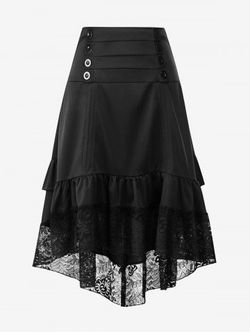 Plus Size & Curve Gothic Lace Insert High Low Flounced Midi Skirt - BLACK - XL
