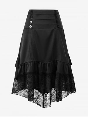 Plus Size & Curve Gothic Lace Insert High Low Flounced Midi Skirt