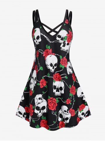 Plus Size Gothic Skulls Rose Printed A Line Sleeveless Dress - BLACK - M | US 10