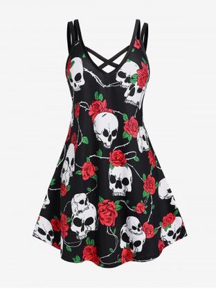 Plus Size Gothic Skulls Rose Printed A Line Sleeveless Dress