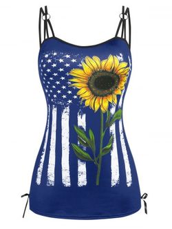 Plus Size & Curve Lace Up American Flag Sunflower Print Tank Top - BLUE - M | US 10