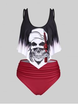 Plus Size Ruffled Overlay Skull Print Ruched Tankini Swimsuit - RED - L
