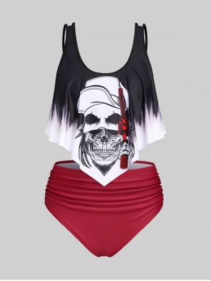 Plus Size Ruffled Overlay Skull Print Ruched Tankini Swimsuit