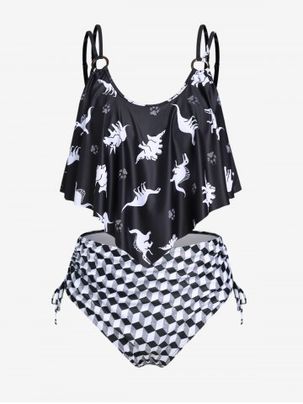 Plus Size Dinosaur Checkerboard Print Ruffled Overlay Cinched Tankini Swimsuit