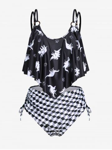 Plus Size Dinosaur Checkerboard Print Ruffled Overlay Cinched Tankini Swimsuit - BLACK - 5X