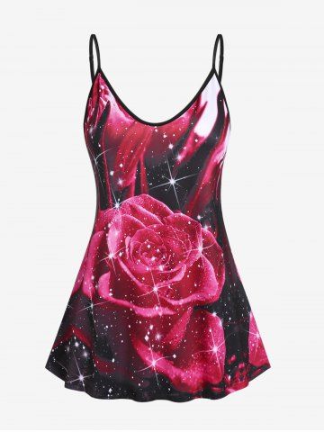 Plus Size Rose Print Flowy Cami Top - BLACK - 5XL