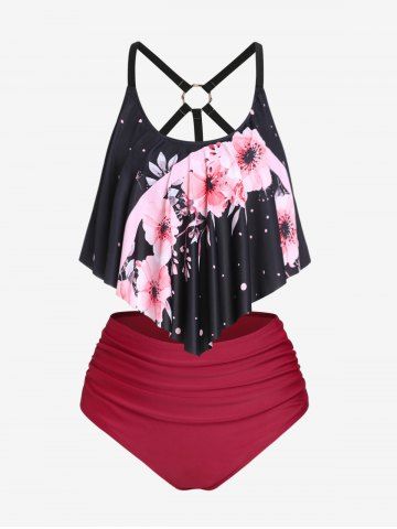 Plus Size Ruffled Overlay Floral High Waist Tankini Swimsuit