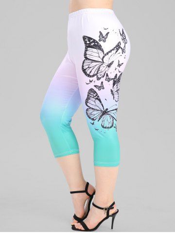 Plus Size Butterfly Print Ombre Color Capri Leggings