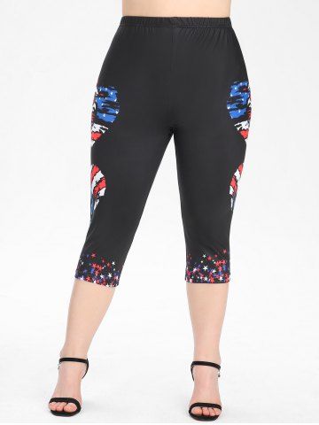 Plus Size Patriotic American Flag Hearts Print Capri Leggings