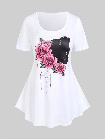 Plus Size Rose Cat Print Graphic T-shirt - WHITE - 2X | US 18-20
