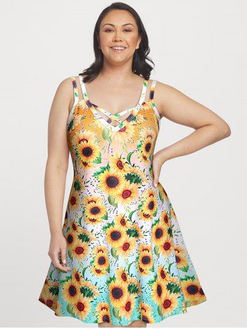 Plus Size & Curve Crisscross Sunflower Print Sundress
