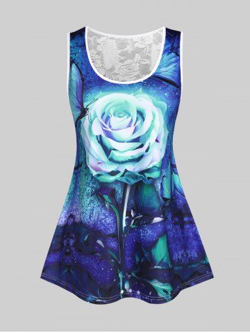 Plus Size Rose Print Lace Panel Tank Top