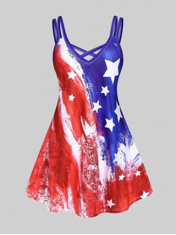 Plus Size American Flag Patriotic Crisscross A Line Sleeveless Dress