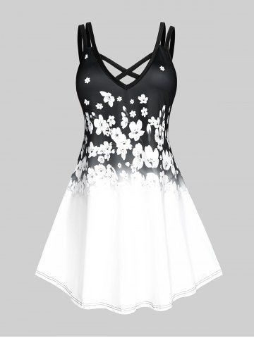 Plus Size Monochrome Floral Print Crisscross Sundress