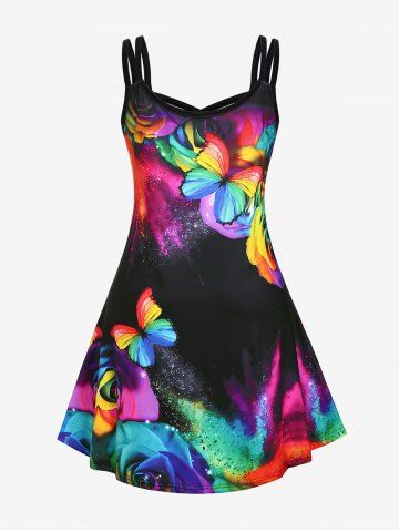 Plus Size 3D Glittery Sparkles Butterfly Crisscross A Line Sleeveless Dress