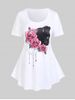 T-shirt Graphique à Imprimé Chat Rose de Grande Taille - Blanc 