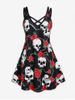 Plus Size Gothic Skulls Rose Printed A Line Sleeveless Dress -  