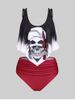 Plus Size Ruffled Overlay Skull Print Ruched Tankini Swimsuit -  