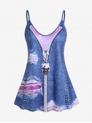 Plus Size 3D Zipper Ripped Printed Tank Top -  