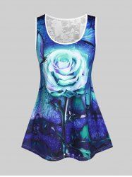 Plus Size Rose Print Lace Panel Tank Top -  