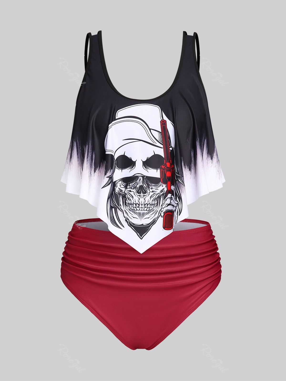 Chic Plus Size Ruffled Overlay Skull Print Ruched Tankini Swimsuit  