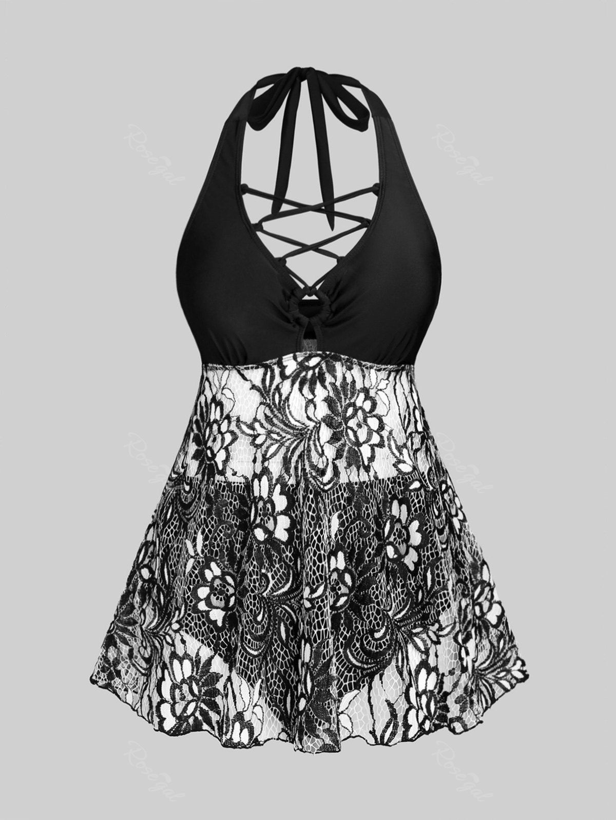 Outfit Plus Size Halter Plunge Crisscross Sheer Lace Backless Sexy Tankini Swimsuit  
