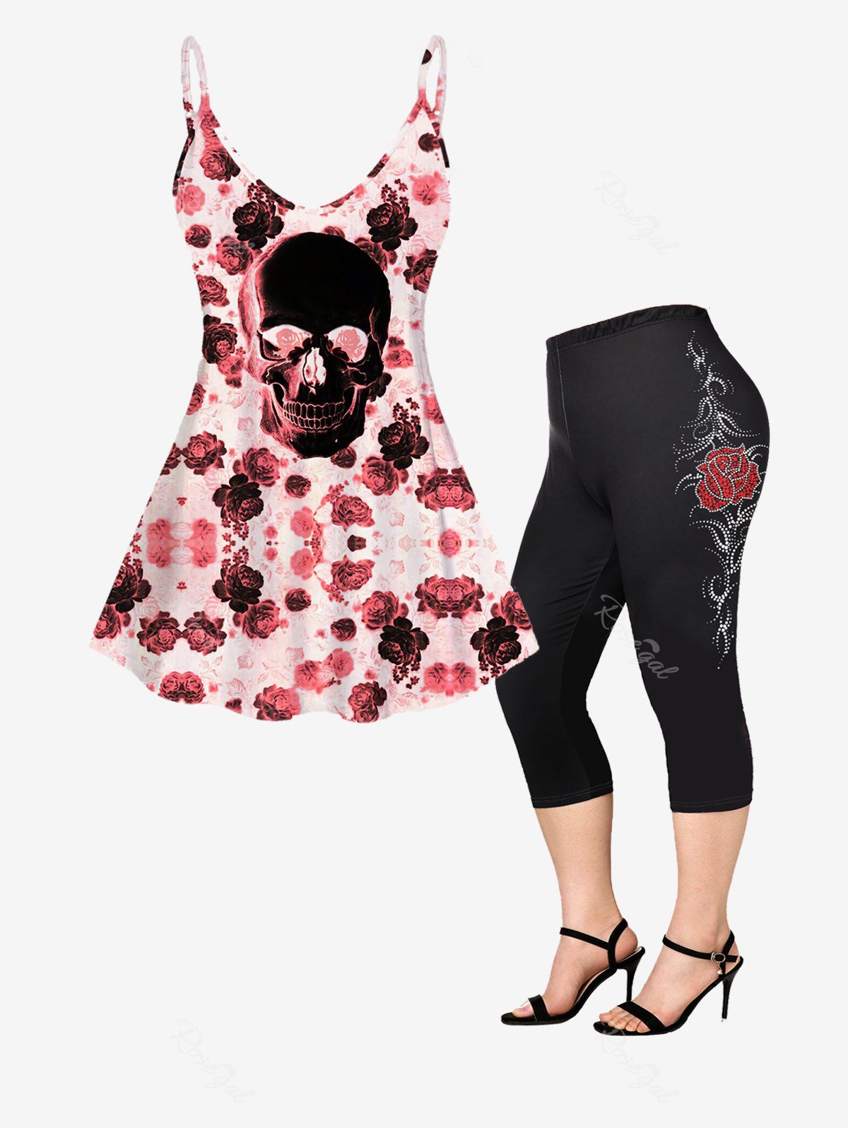 Affordable Gothic Rose Skull Tank Top and Capri Leggings Plus Size Summer Outfit  