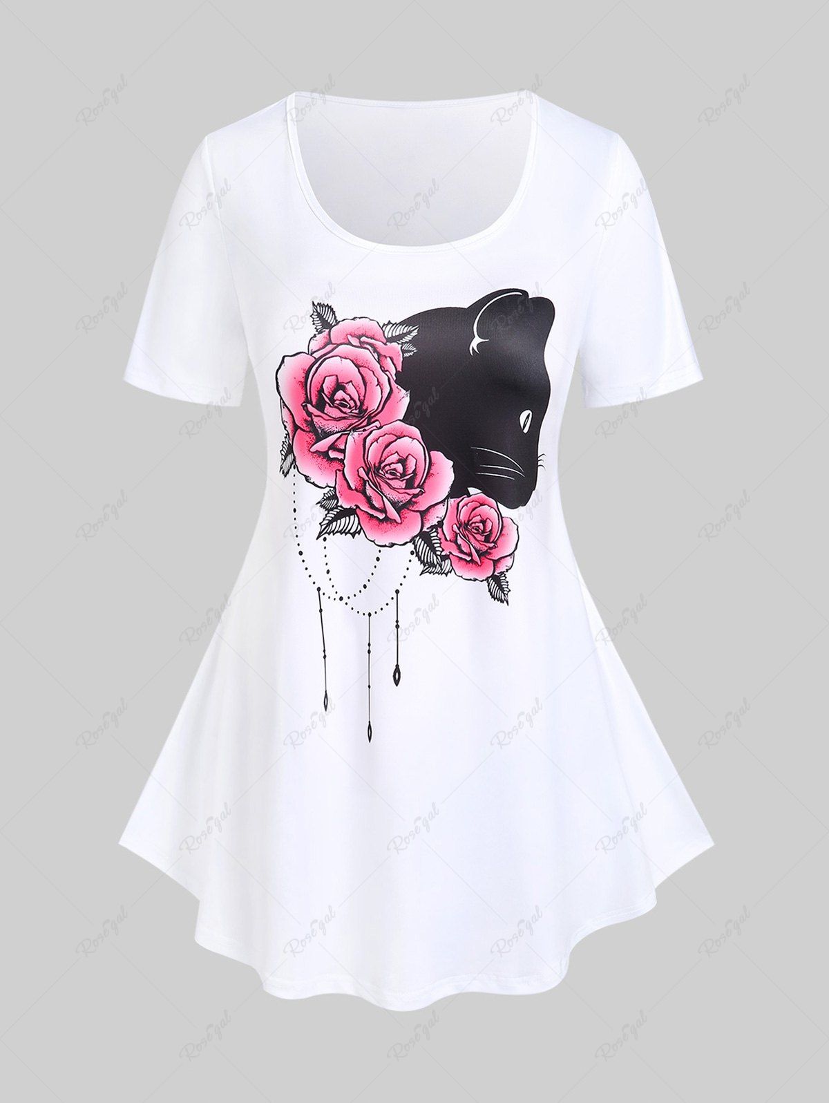 T-shirt Graphique à Imprimé Chat Rose de Grande Taille Blanc 5x | US 30-32
