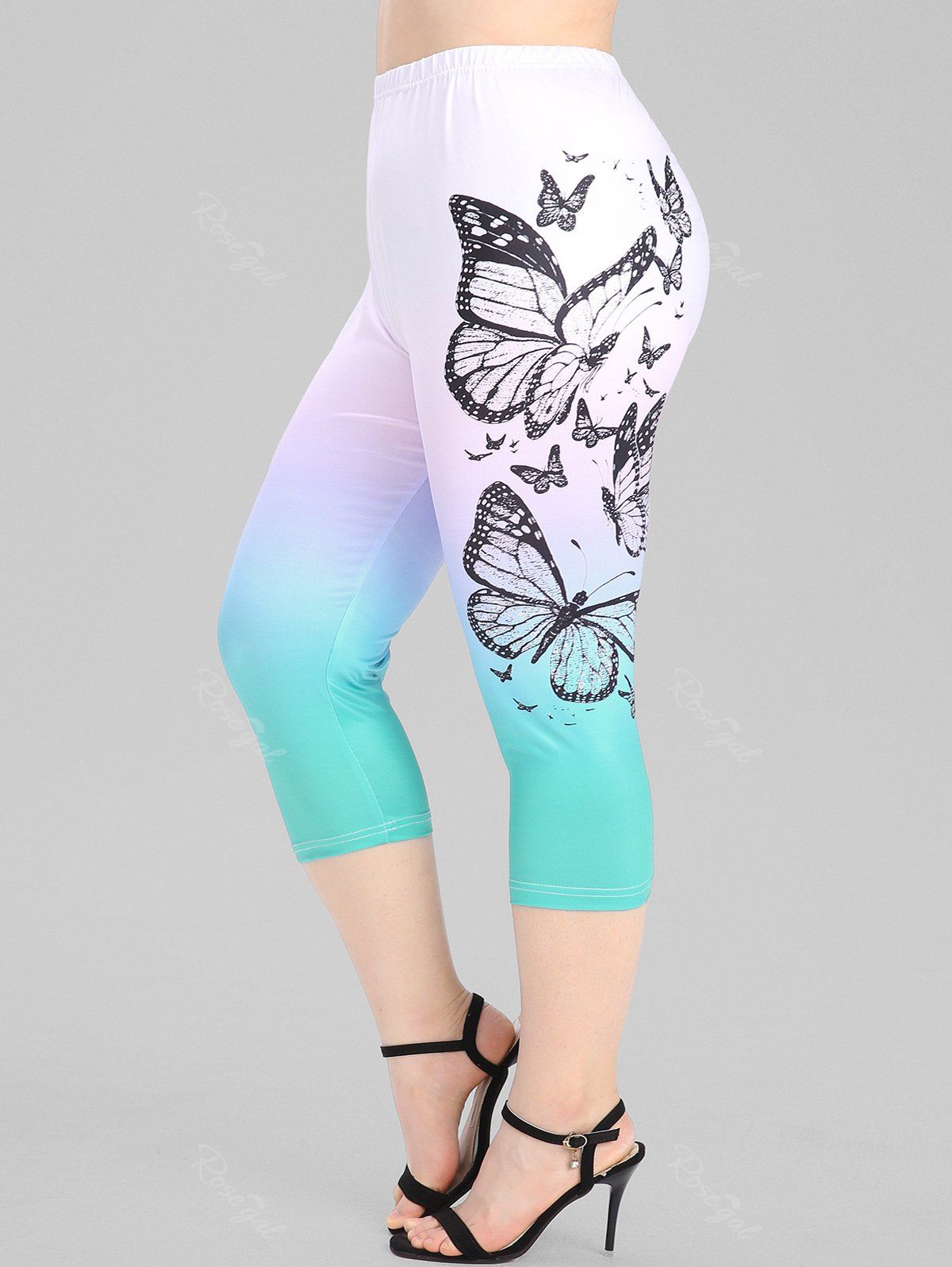 Sale Plus Size Butterfly Print Ombre Color Capri Leggings  