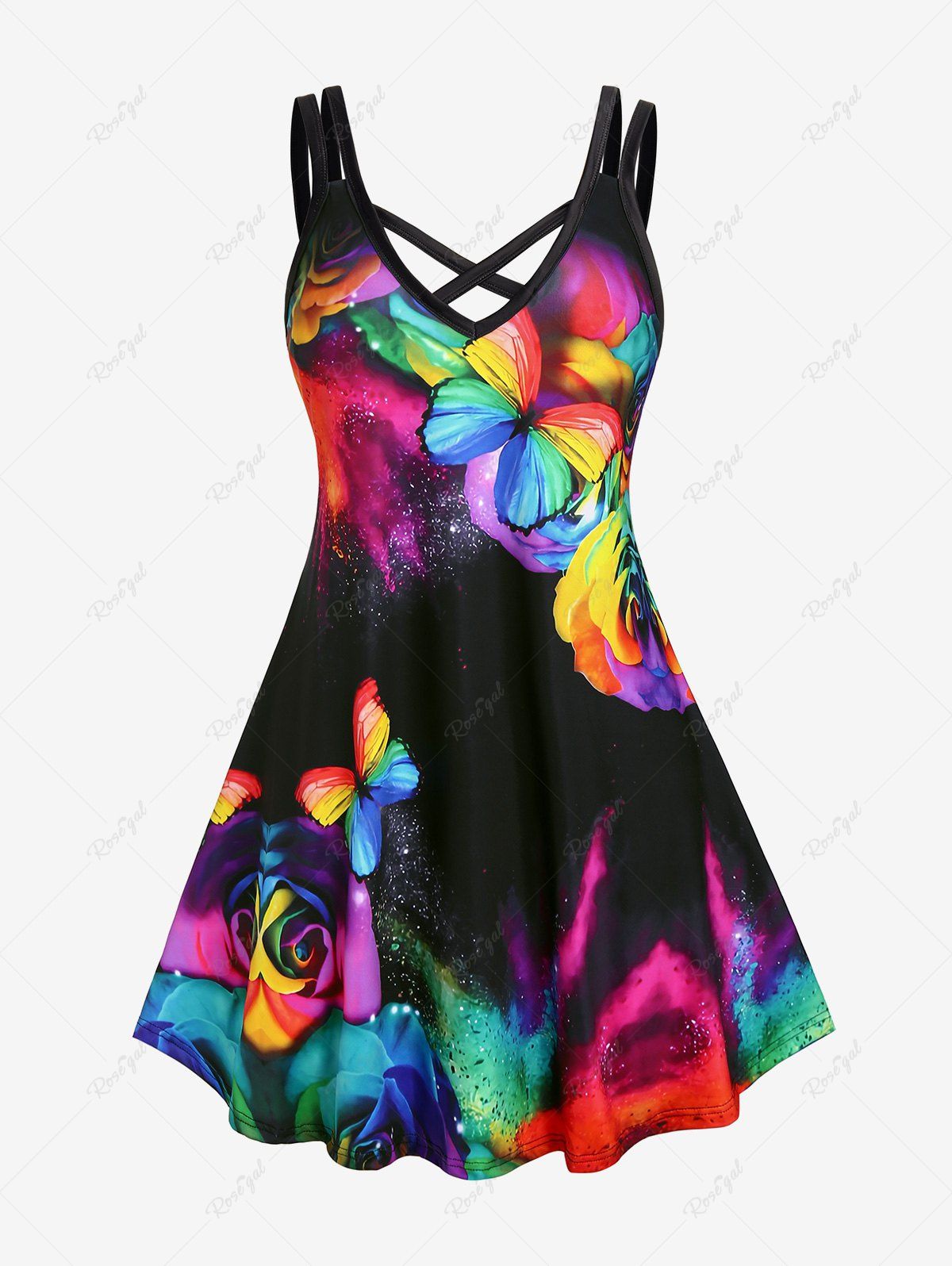 Hot Plus Size 3D Glittery Sparkles Butterfly Crisscross A Line Sleeveless Dress  