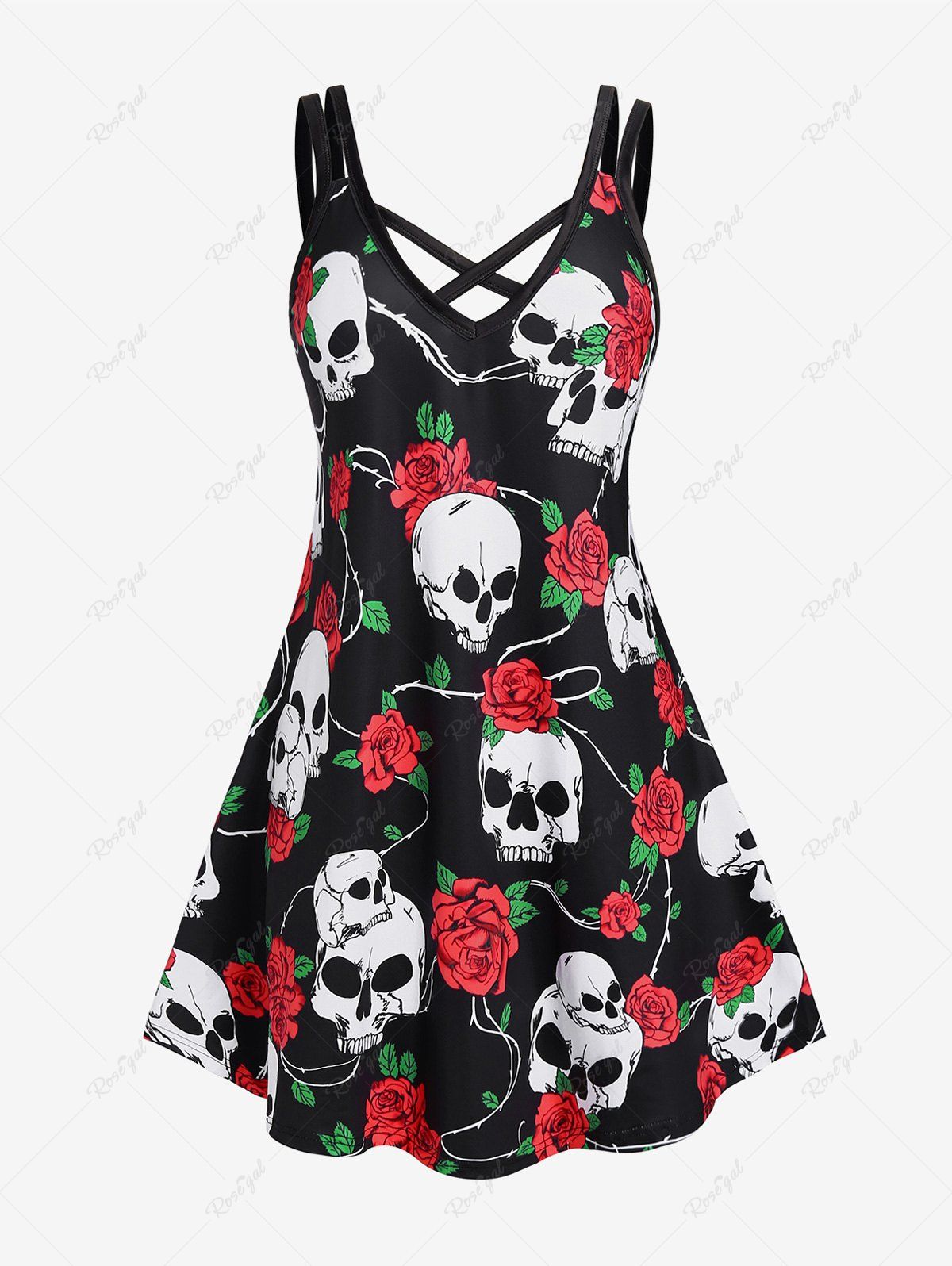 Discount Plus Size Gothic Skulls Rose Printed A Line Sleeveless Dress  