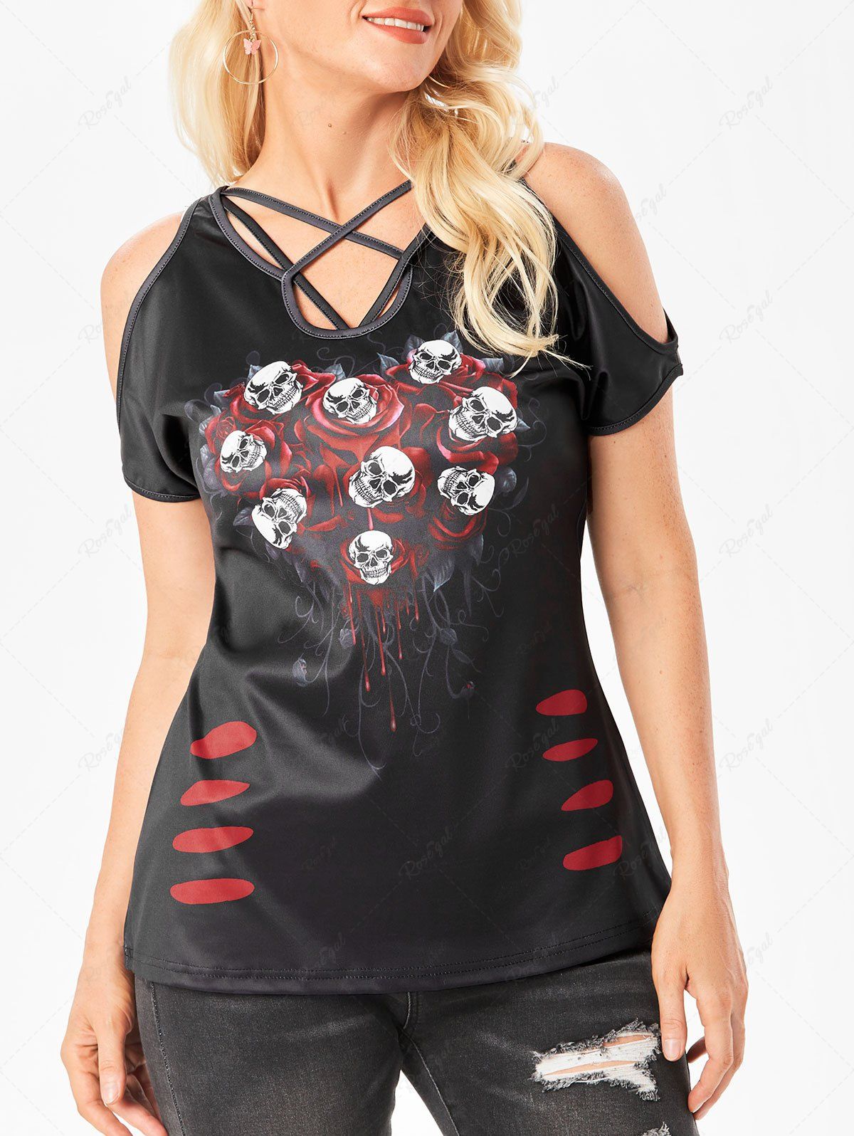 Best Heart Rose Print Cold Shoulder Tee  
