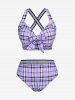 Plus Size Halter Plaid Crisscross Bowknot Three Piece Bikini Swimsuit -  