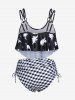 Plus Size Dinosaur Checkerboard Print Ruffled Overlay Cinched Tankini Swimsuit -  