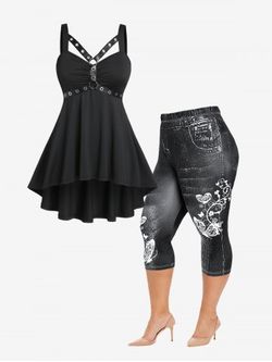 Harness High Low Tank Top and Butterfly 3D Jean Print Leggings Plus Size Summer Outfit - BLACK
