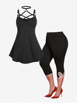 Strappy O Ring Tank Top and Cutout Capri Leggings Plus Size Summer Outfit - BLACK