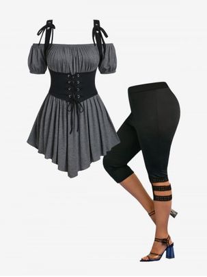 Off Shoulder Asymmetrical Tee With Lace Up Waistcoat and Panel Ladder Cutout Cropped Leggings Plus Size Summer Outfit