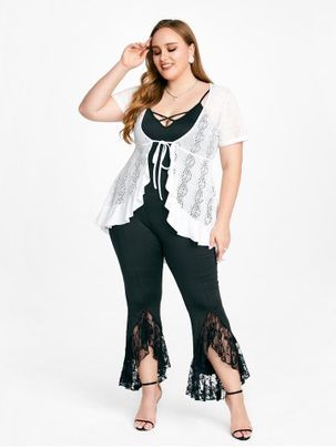 High Low Mesh Blouse and Camisole Twinset and Flare Pants Plus Size Dressy Pants Suit