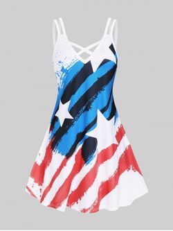 Plus Size Patriotic American Flag Print Crisscross Dress - WHITE - S | US 8