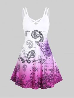 Plus Size Paisley Butterfly Letters Printed Crisscross Graphic Sleeveless Dress - WHITE - 1X | US 14-16