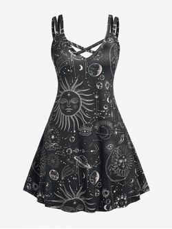 Plus Size Crisscross Sun Moon Print Dress - BLACK - 2X | US 18-20