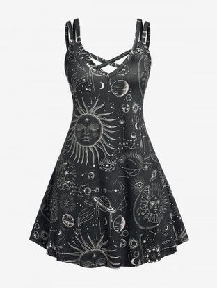 Plus Size Crisscross Sun Moon Print Dress