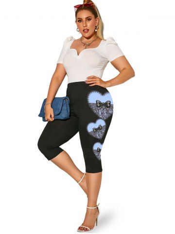 Plus Size High Rise Heart Print Bowknot Capri Leggings