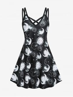 Plus Size Sun and Moon Printed Crisscross Sleeveless A Line Dress - BLACK - 5X | US 30-32