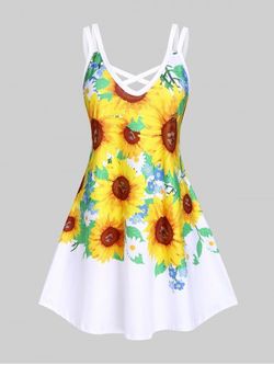 Plus Size Sunflower Print Crisscross Sundress - WHITE - 3X | US 22-24