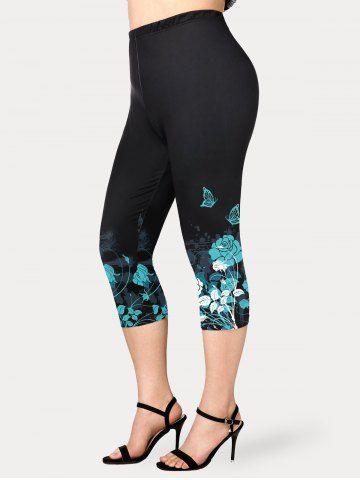 Plus Size Floral High Waisted Capri Leggings - BLACK - 1X | US 14-16