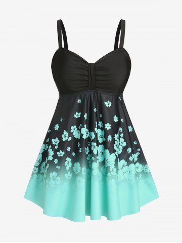 Plus Size Empire Waist Floral Print Swim Dress - BLACK - L