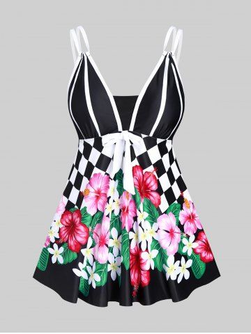 Plus Size Checkerboard Flower Printed Backless Bowknot Padded Tankini Swimsuit